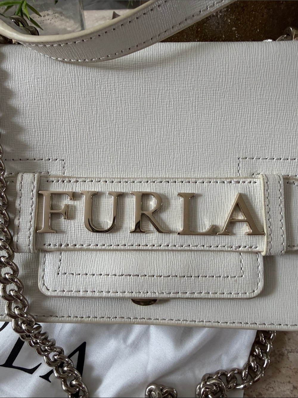 Furla Carol Mini Leather Chain Crossbody Flap Bag White Cream Furla Metal Logo - Picture 2 of 10